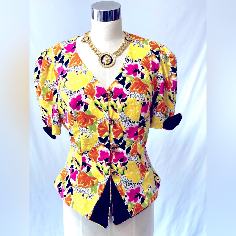 RIMINI for Saks Fifth‎ Ave Vintage 80s Floral Jacket with Rhinestone Buttons